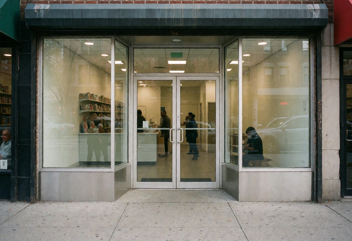 Façade d'une librairie avec une entrée en verre, montrant des personnes à l'intérieur et des reflets de voitures sur les vitres.