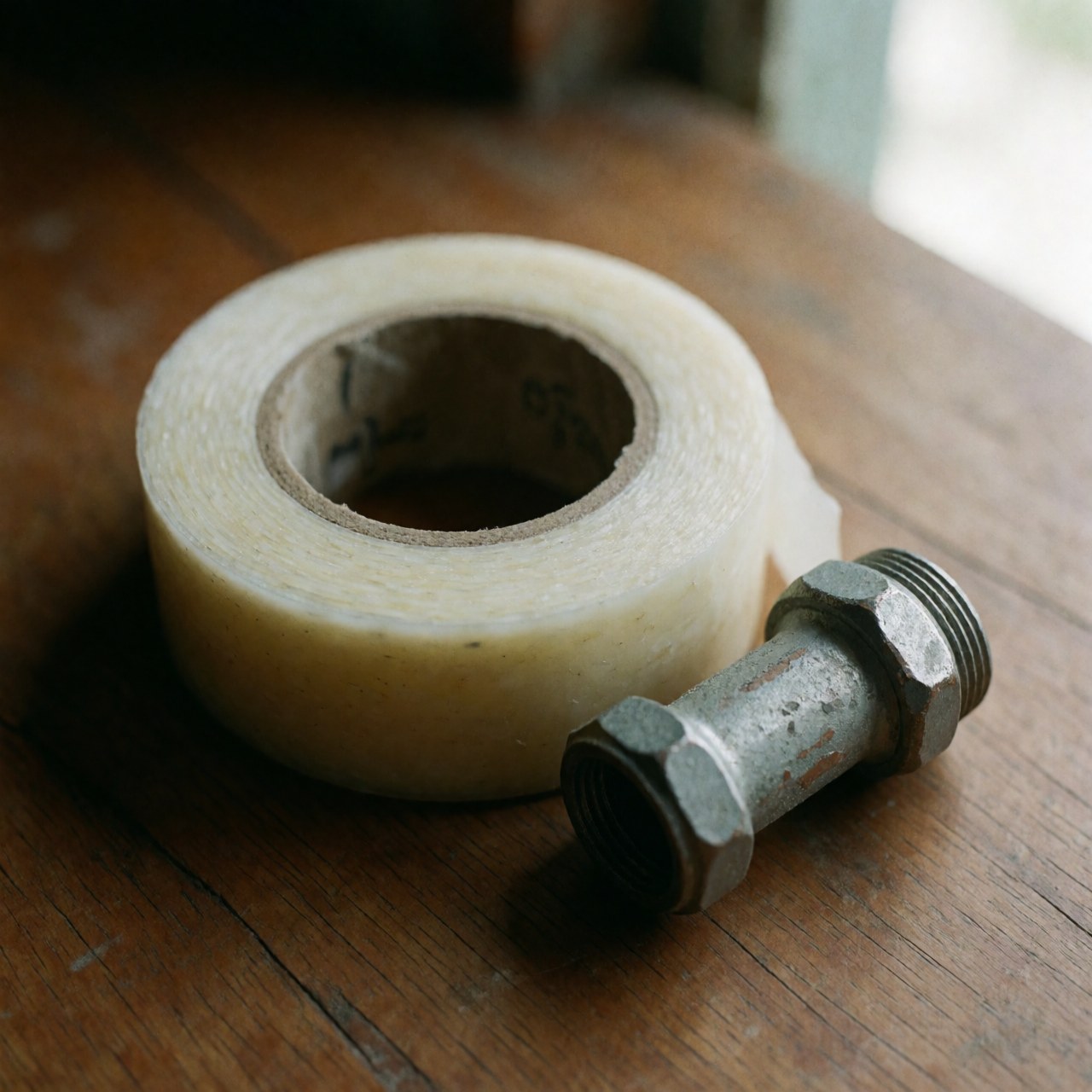 Proximité d'un accessoire de tuyauterie métallique et d'une bobine de ruban d'étanchéité posés sur une surface en bois clair.