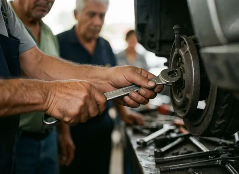 Un mécanicien portant des gants utilise une clé pour travailler sur la roue d'un véhicule dans un atelier de réparation.