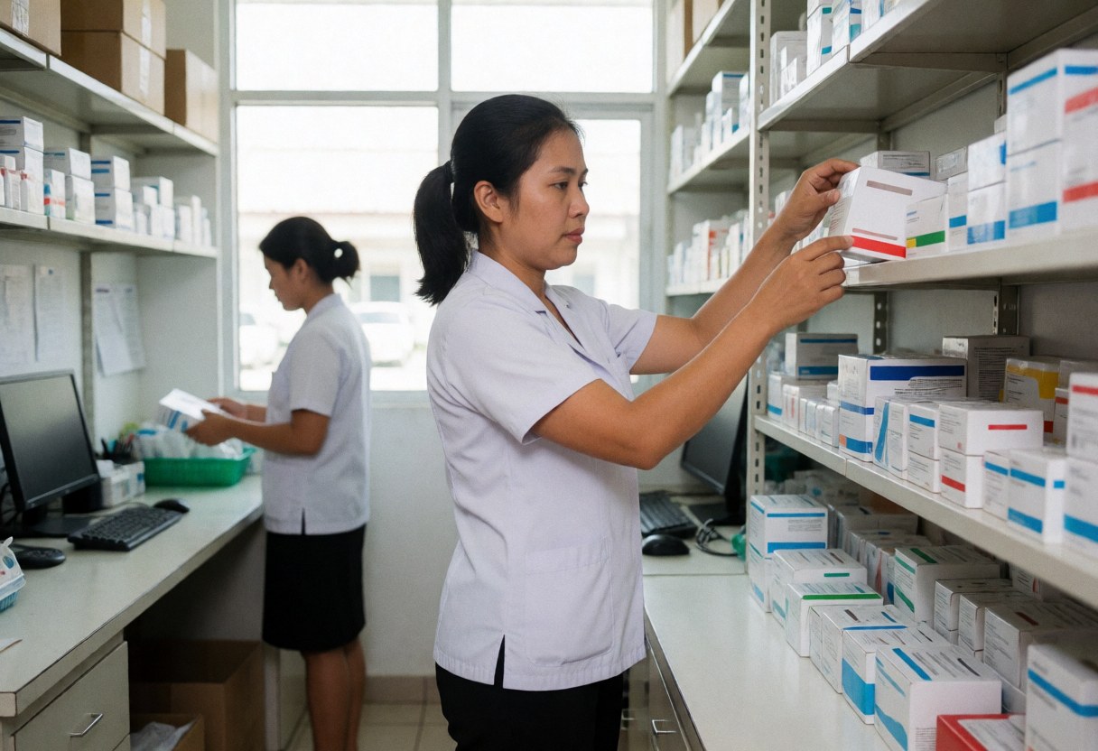 Deux pharmaciennes rangent des boîtes de médicaments sur des étagères métalliques dans une pharmacie.