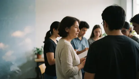 Une professeure adulte enseigne à un groupe d'étudiants jeunes devant un tableau blanc dessiné en ciel.