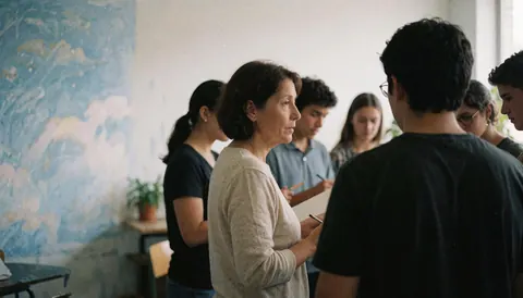 Une professeure adulte enseigne à un groupe d'étudiants jeunes devant un tableau blanc dessiné en ciel.