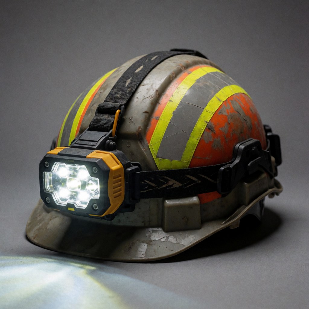 Casque de sécurité blanc avec bande réfléchissante, taches de poussière et peinture, et lumière LED frontale allumée.