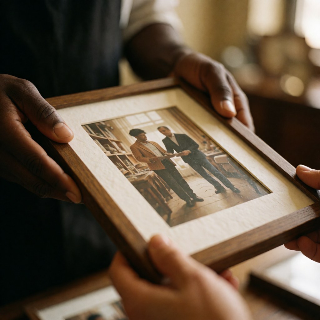 Une main tend une photographie encadrée à un client, avec vue détaillée du cadre en bois et du papier sous un éclairage chaleureux en studio.