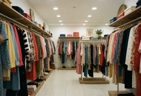Allée d'un magasin de vêtements remplie de cintres portant des vêtements aux couleurs vives, sol blanc et éclairage lumineux créant une ambiance propre et ordonnée.