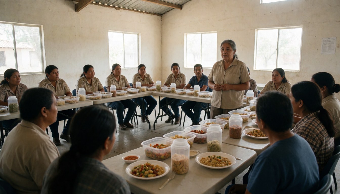 Groupe de personnes assises autour de tables remplies d'aliments sains pendant un atelier de nutrition animé par une formatrice.