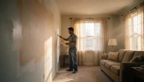 Un peintre applique de la peinture sur un mur dans un salon lumineux avec des rideaux, idéal pour illustrer des services de peinture.