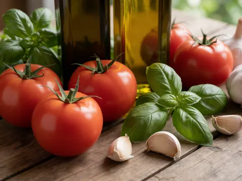 Des tomates rouges, des feuilles de basilic frais et de l'ail disposés sur une table en bois rustique éclairée par la lumière naturelle.