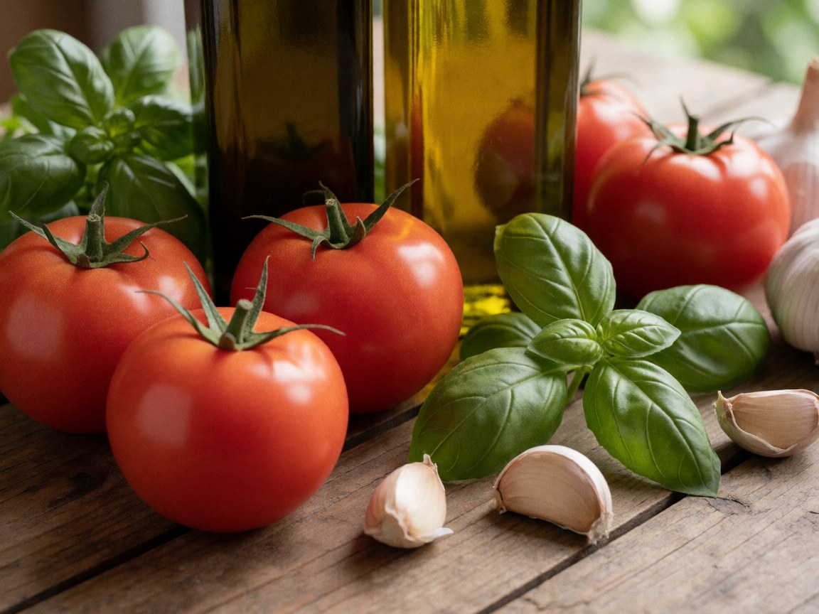 Des tomates rouges, des feuilles de basilic frais et de l'ail disposés sur une table en bois rustique éclairée par la lumière naturelle.