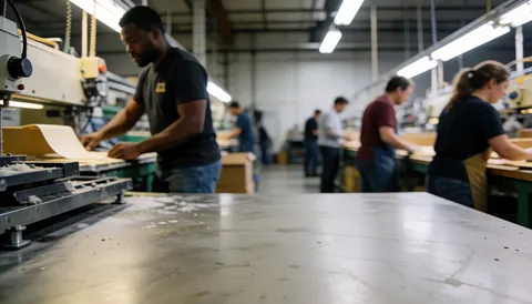 Des ouvriers manipulant des machines et des planches de bois dans une usine de fabrication.