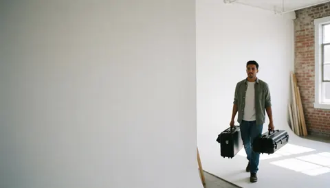 Un homme marche en tenant deux valises noires dans un studio aux murs blancs avec une fenêtre en briques.