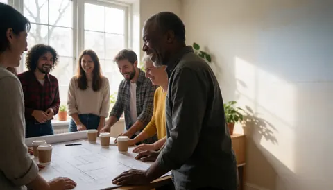 Des professionnels analysent des schémas architecturaux dans un espace de travail lumineux, illustrant la collaboration et le design d'intérieur.