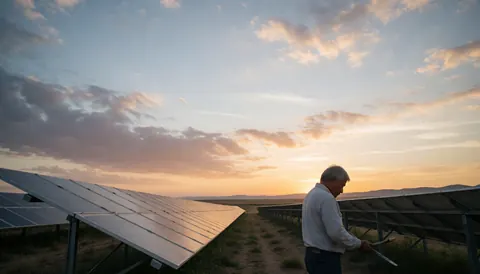 Un homme en chemise blanche examine des panneaux solaires dans un champ au coucher du soleil, tenant un appareil numérique.