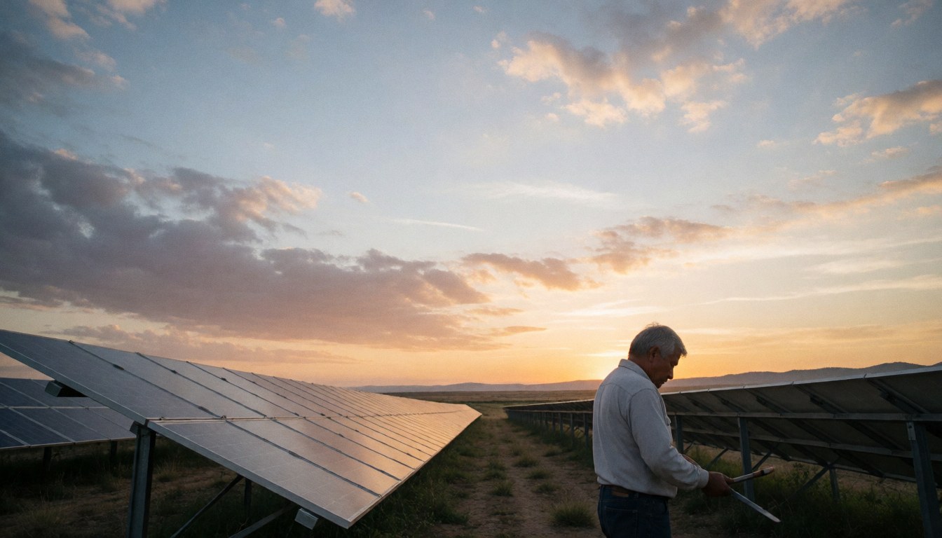 Un homme en chemise blanche examine des panneaux solaires dans un champ au coucher du soleil, tenant un appareil numérique.
