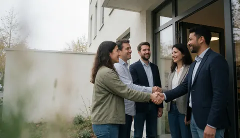 Quatre adultes souriants se serrent la main devant un centre communautaire moderne, vêtus de vêtements décontractés professionnels, dans un cadre naturel et réaliste.