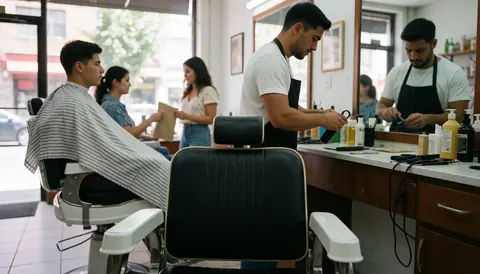 Un barbier portant un tablier coupe les cheveux d'un client assis sur une chaise de barbier, avec d'autres personnes en arrière-plan.