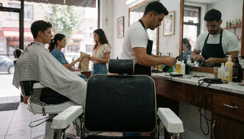 Un barbier portant un tablier coupe les cheveux d'un client assis sur une chaise de barbier, avec d'autres personnes en arrière-plan.