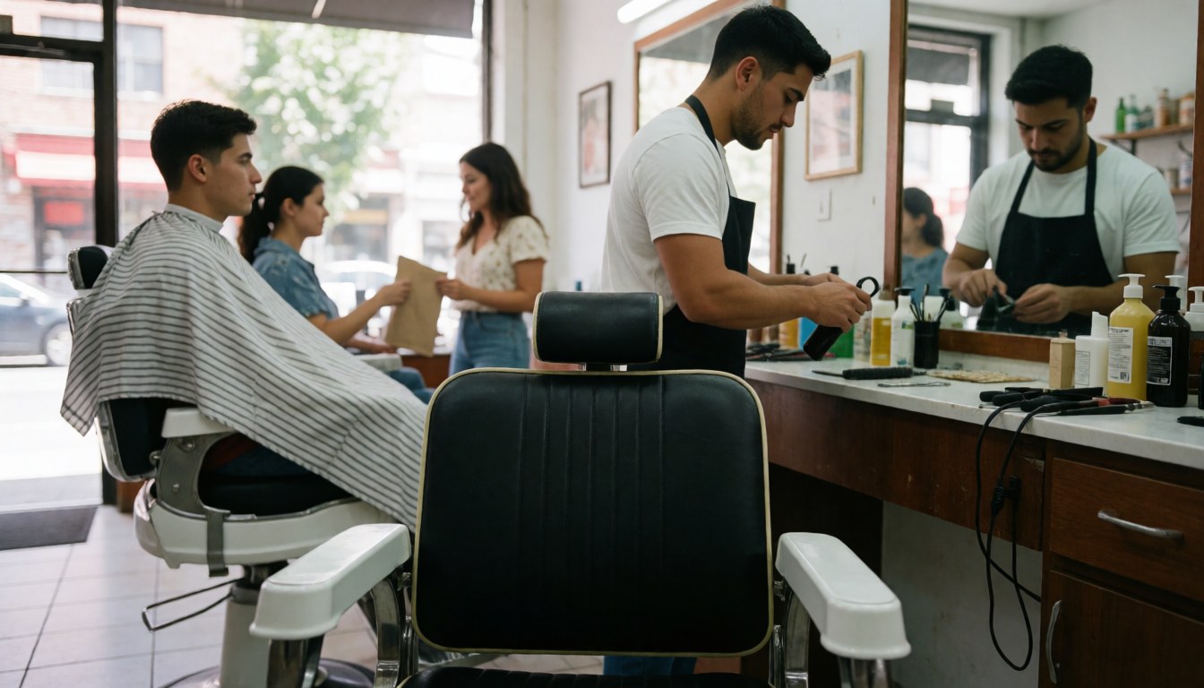 Un barbier portant un tablier coupe les cheveux d'un client assis sur une chaise de barbier, avec d'autres personnes en arrière-plan.