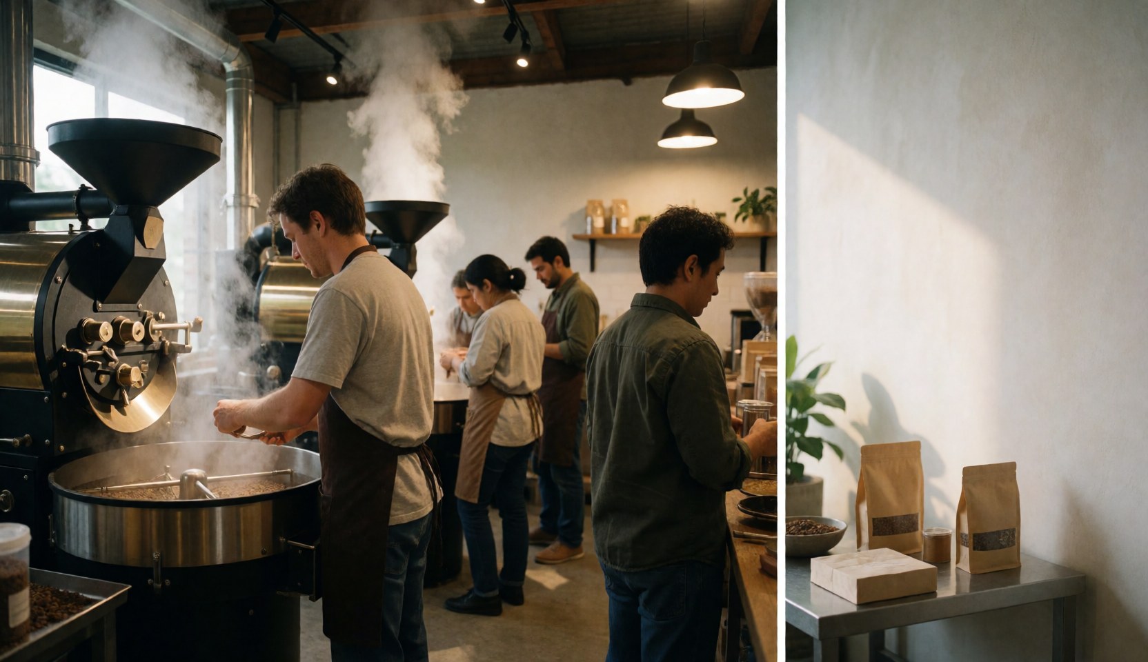 Des employés manipulant des machines de torréfaction et des sacs de café posés sur une table dans un atelier industriel.