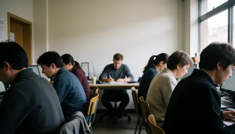 Équipe professionnelle concentrée sur ses tâches informatiques dans un espace de travail moderne baigné de lumière naturelle.