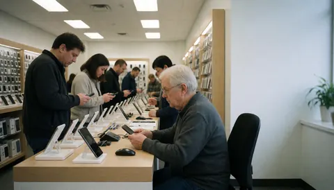 Des clients d'âges variés essaient des smartphones sur les présentoirs d'un magasin de technologie.