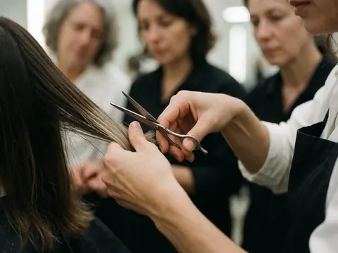 Une coiffeuse utilise des ciseaux pour couper les cheveux tandis que d'autres personnes regardent dans un salon de beauté.