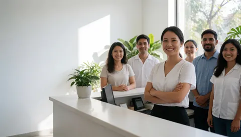 Personnel accueillant derrière un comptoir blanc moderne avec plantes vertes et lumière naturelle dans un espace professionnel lumineux.