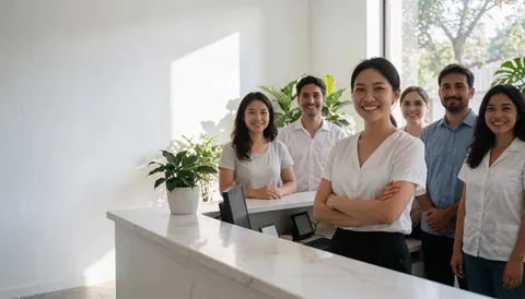 Personnel accueillant derrière un comptoir blanc moderne avec plantes vertes et lumière naturelle dans un espace professionnel lumineux.