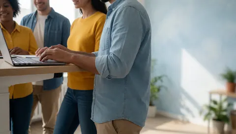 Quatre personnes collaborant ensemble sur un ordinateur portable posé sur une table de travail.