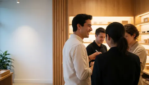 Un client souriant discute avec des employés dans un magasin d'optique moderne aux étagères en bois et à l'éclairage chaleureux.