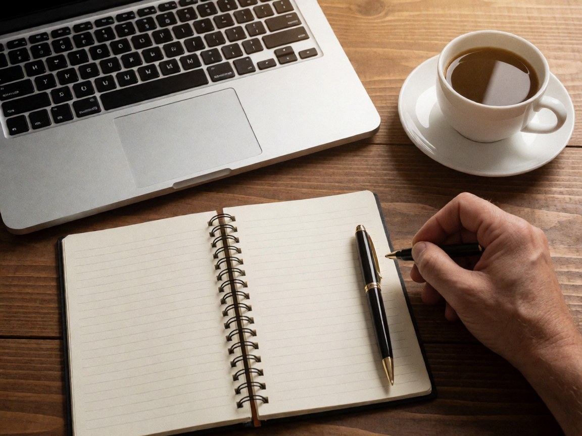 Bureau en bois avec un ordinateur portable, un cahier ouvert, un stylo et une tasse de café, idéal pour les cours en ligne ou le travail à distance.
