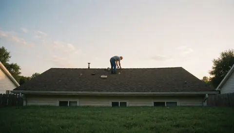 Homme effectuant des travaux sur le toit d'une maison avec pelouse verte en premier plan et lumière dorée de fin de journée.