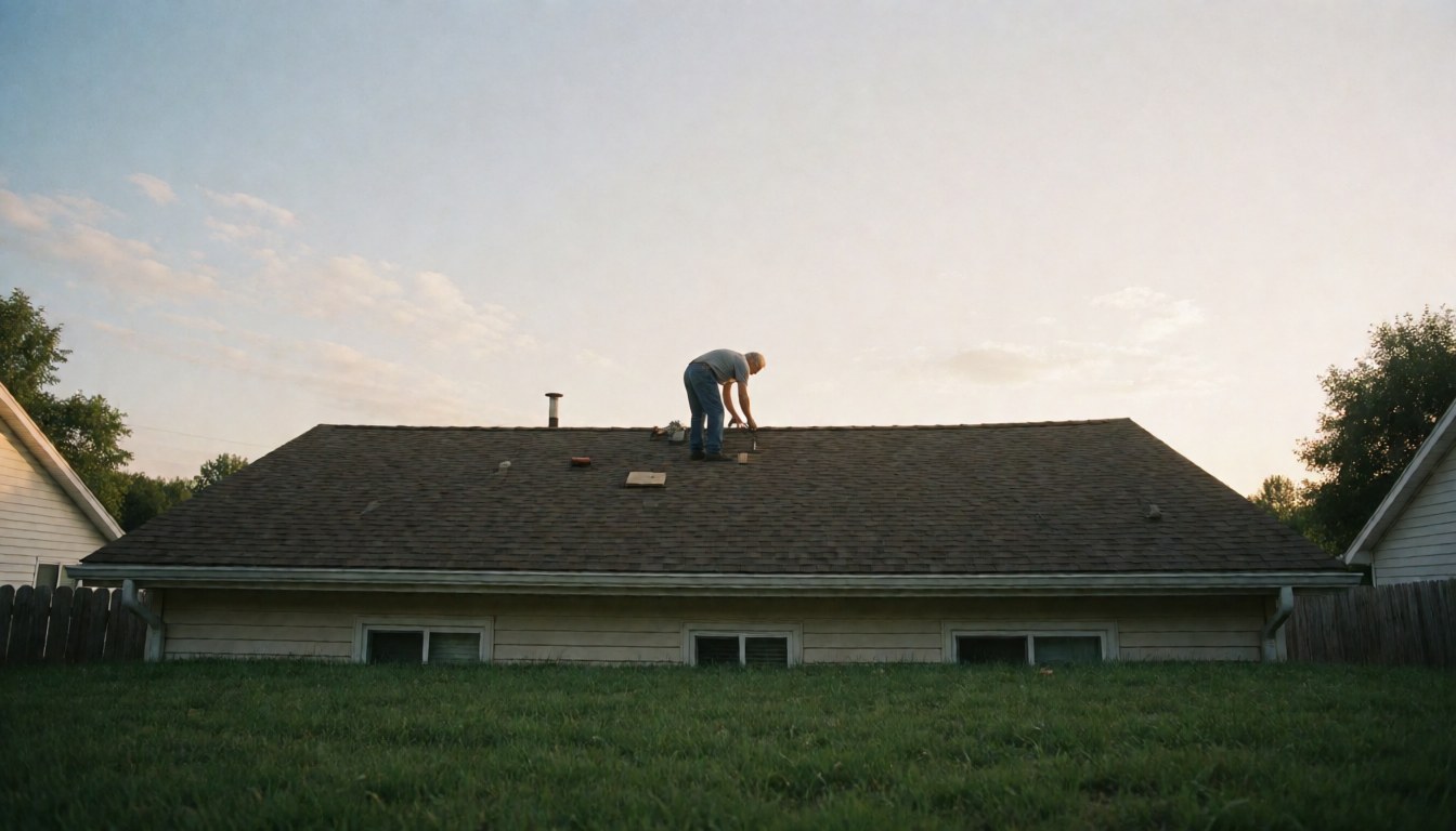 Homme effectuant des travaux sur le toit d'une maison avec pelouse verte en premier plan et lumière dorée de fin de journée.