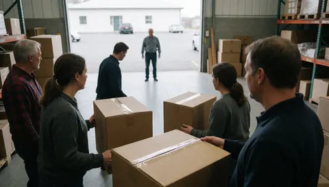 Équipe chargeant des boîtes de déménagement dans un entrepôt industriel avec un superviseur observant depuis l'entrée.