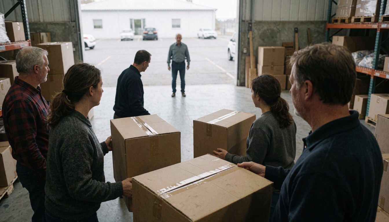Équipe chargeant des boîtes de déménagement dans un entrepôt industriel avec un superviseur observant depuis l'entrée.