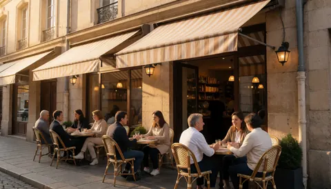 Vue d'une terrasse de café en extérieur où des clients sont installés à des tables en osier sous des auvents, profitant de la lumière dorée du coucher de soleil.