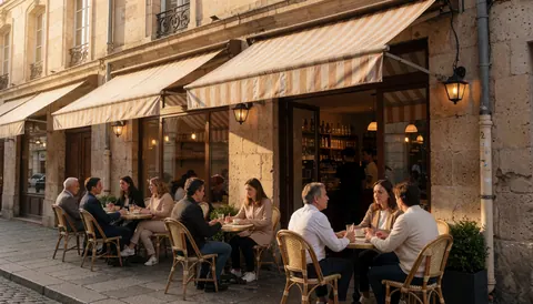 Vue d'une terrasse de café en extérieur où des clients sont installés à des tables en osier sous des auvents, profitant de la lumière dorée du coucher de soleil.