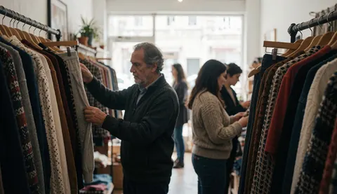 Un homme âgé examine des vêtements dans une boutique, avec d'autres clients en arrière-plan, dans une ambiance chaleureuse et naturelle.