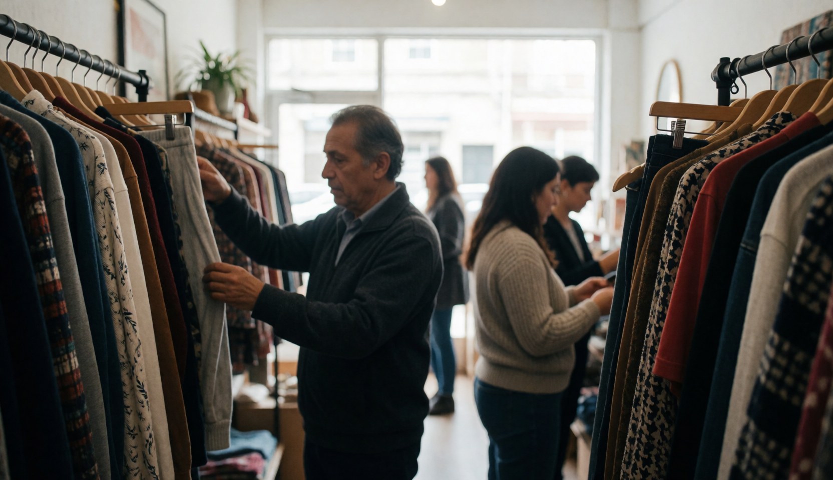 Un homme âgé examine des vêtements dans une boutique, avec d'autres clients en arrière-plan, dans une ambiance chaleureuse et naturelle.