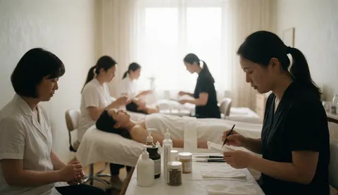 Vue intérieure d'un cabinet de soins où plusieurs personnes reçoivent des traitements faciaux sur des lits, tandis que le personnel accompagne les clients et que des produits sont disposés sur une table.
