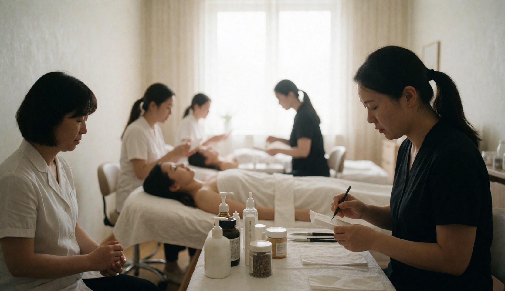 Vue intérieure d'un cabinet de soins où plusieurs personnes reçoivent des traitements faciaux sur des lits, tandis que le personnel accompagne les clients et que des produits sont disposés sur une table.
