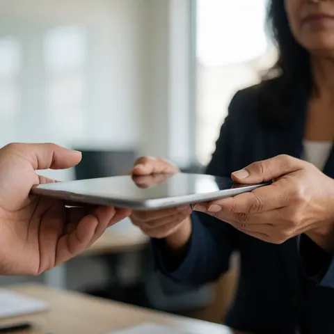 Une femme remet une tablette à un client dans un bureau, geste professionnel sous lumière naturelle, évoquant technologie moderne et réalisme pour logiciels et startups.