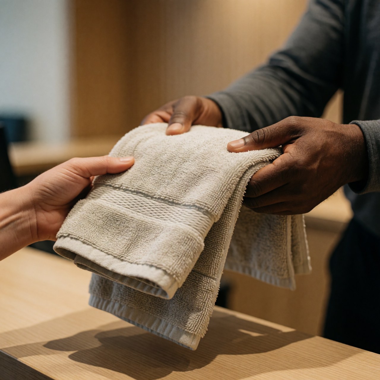 Un individu reçoit une serviette propre des mains d'un employé dans un gymnase moderne avec du mobilier en bois.