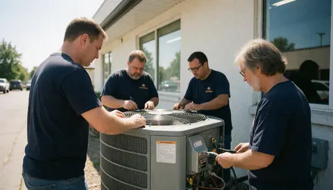 Quatre techniciens collaborent pour réparer une unité de climatisation à l'extérieur d'un bâtiment par temps ensoleillé.