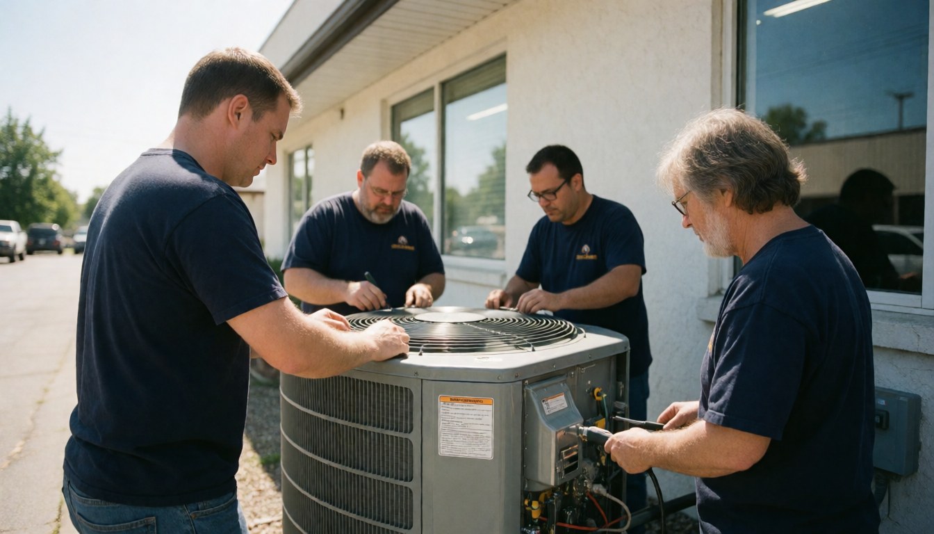 Quatre techniciens collaborent pour réparer une unité de climatisation à l'extérieur d'un bâtiment par temps ensoleillé.