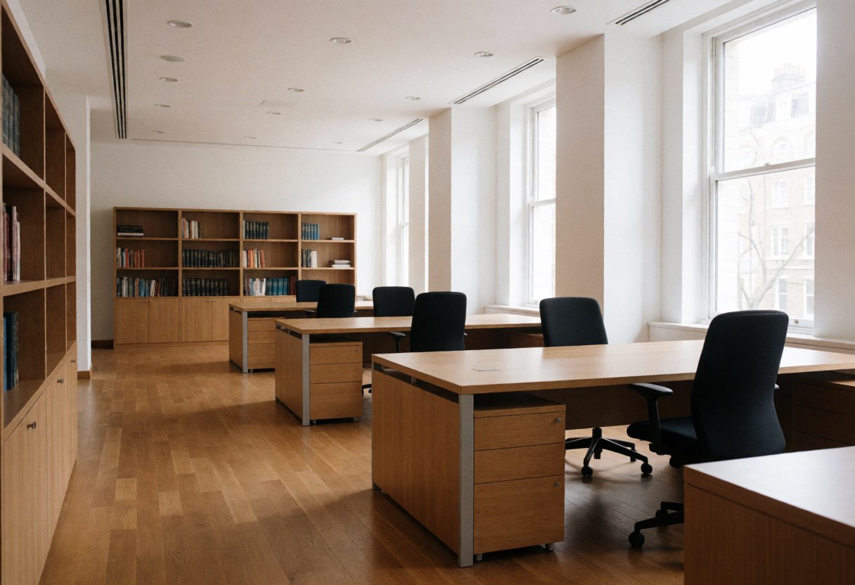 Espace de travail moderne et spacieux avec bureaux en bois, chaises noires, étagères remplies de livres et lumière naturelle entrant par des fenêtres hautes.