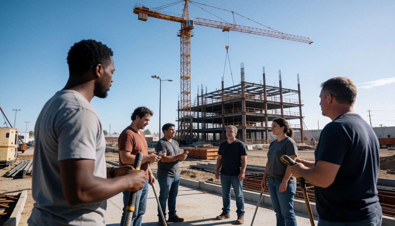 Groupe de travailleurs sur un chantier civil avec une grue jaune et une structure métallique en construction sous un ciel bleu clair.