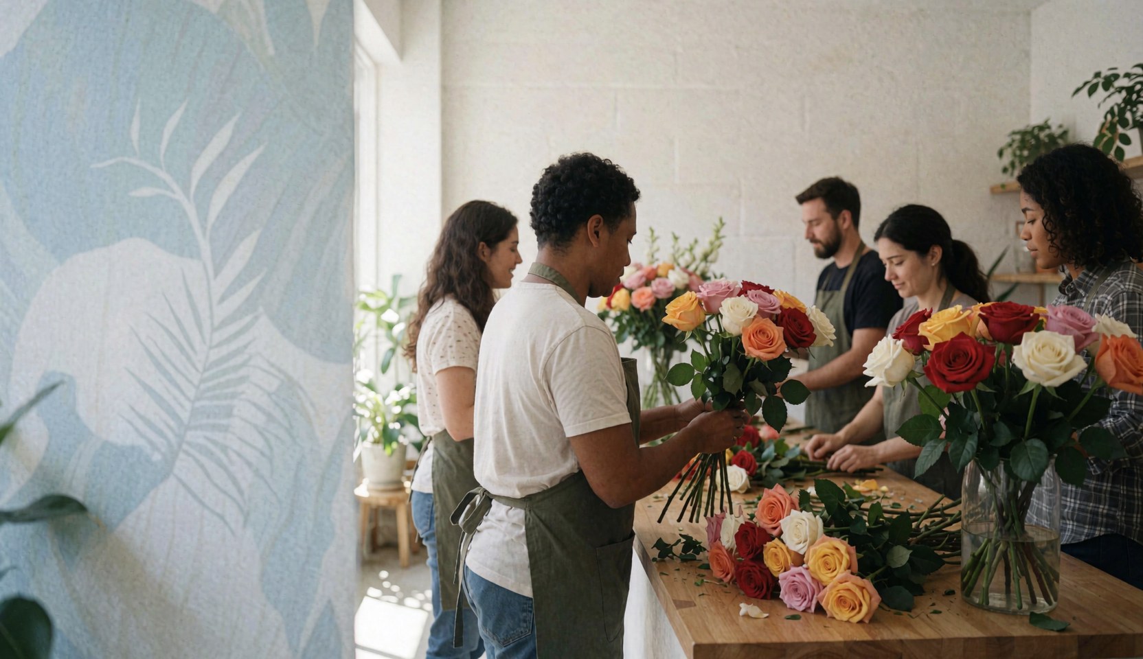 Intérieur d'une fleuristerie moderne où des personnes composent des bouquets de roses colorées sur un comptoir en bois, baigné de lumière naturelle.