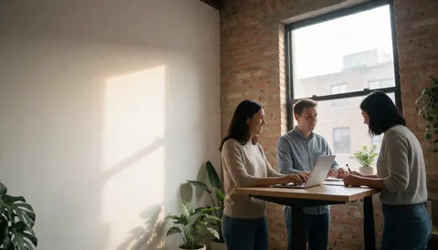 Trois individus collaborant autour d'une table avec un ordinateur portable, dans un espace moderne avec mur de briques et plantes vertes.
