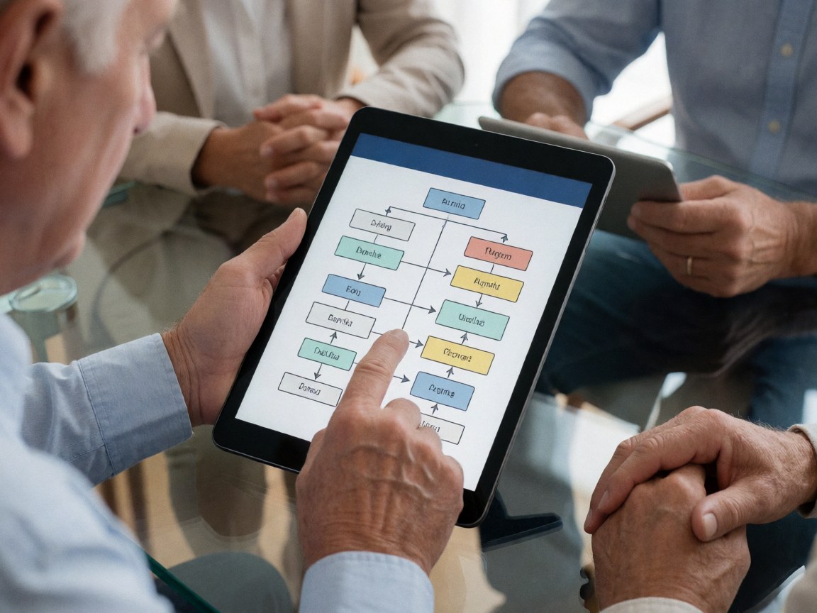 Groupe d'hommes professionnels lors d'une réunion de travail, l'un indiquant un diagramme sur une tablette.